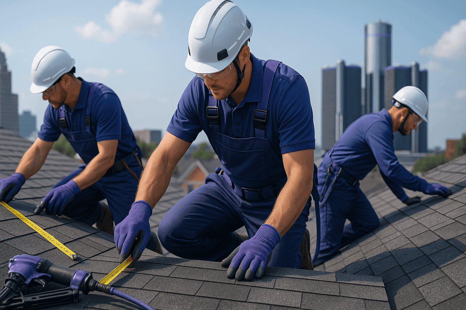 Professional roofing workers in safety gear installing shingles on a clean rooftop