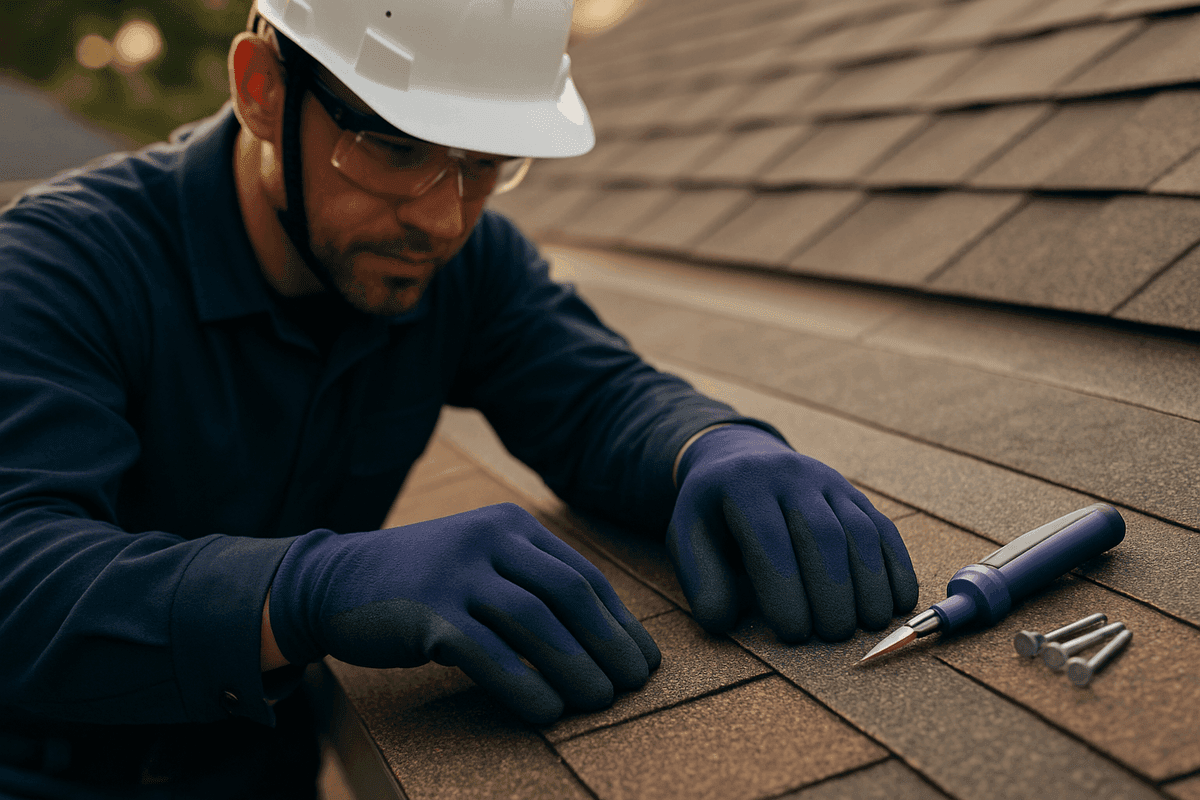 Close-up of roofer’s gloved hands aligning asphalt shingles with tools